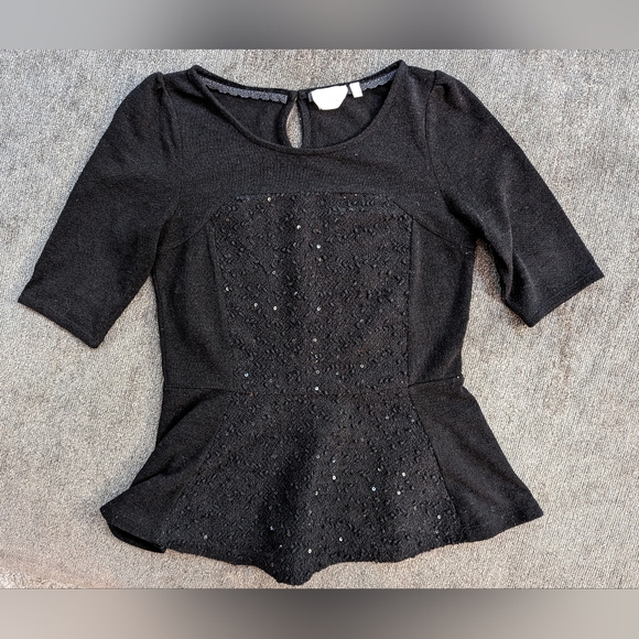 Anthropologie Deletta Sequined Peplum Black Sweater Top Size S NWOT - Picture 1 of 5